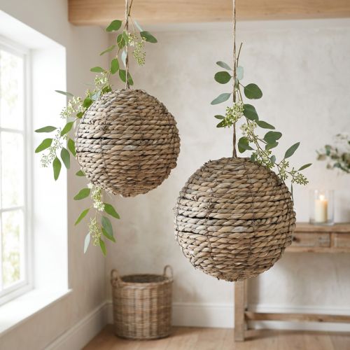 Hanging straw ball decoration, grey washed, Ø20cm, 2 pieces | Floristik24.ie