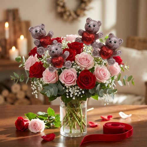 Decorative plug bear with heart, Valentine's Day, flower plug glitter 9 pcs | Floristik24.ie