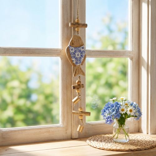 Wooden fish for hanging bell natural blue white H46cm | Floristik24.ie
