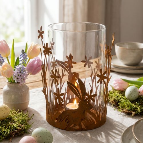 Lantern with rabbits, spring decoration, metal decoration with flowers, Easter patina Ø11.5cm H18cm | Floristik24.ie