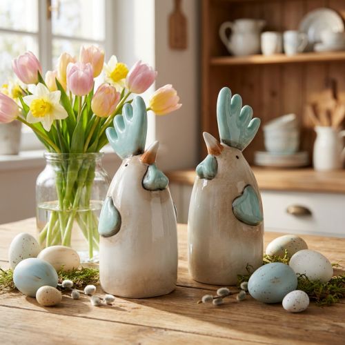Ceramic Rooster Kitchen Decoration Chicken White Blue Brown H14.5cm 2 pcs | Floristik24.ie