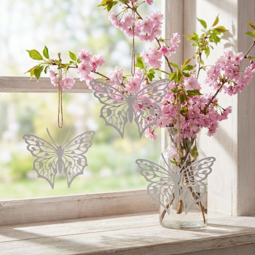 Butterfly Decoration Hanging Vintage Metal Decoration White 15×12cm 3 Pcs | Floristik24.ie