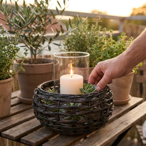 Lantern braided black, brown rattan candle glass Ø23cm H18cm | Floristik24.ie