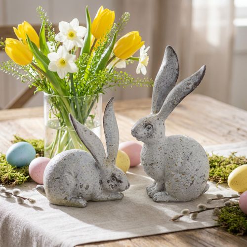 Decorative rabbit, garden figure in concrete look, shabby chic, Easter decoration with silver accents H21/14cm set of 2 | Floristik24.ie