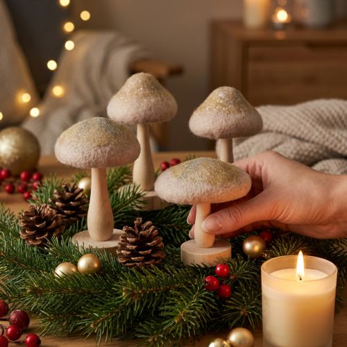 Decorative wooden and felt mushrooms with glitter, Advent table decoration, 11cm high, 4 pieces | Floristik24.ie