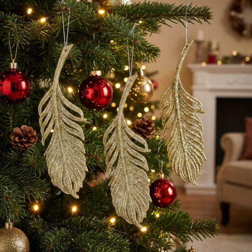 Decorative feathers, tree decorations with glitter, advent decorations, feathers for hanging golden L22cm 12pcs | Floristik24.ie