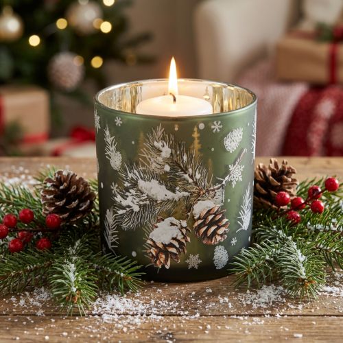 Product Glass tealight holder with pine cones and snowflakes, 15cm
