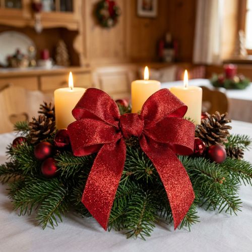 Satin ribbon with glitter red 25mm 20m | Floristik24.ie