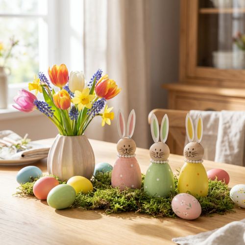 Product Decorative rabbit figures in pastel wood, Easter bunnies with pearl necklace, 14.5 x 5 cm, 3 pieces