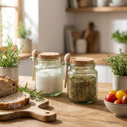 Decorative glass with cork lid and spoon, green, Ø7cm, H10cm, 2 pieces | Floristik24.ie