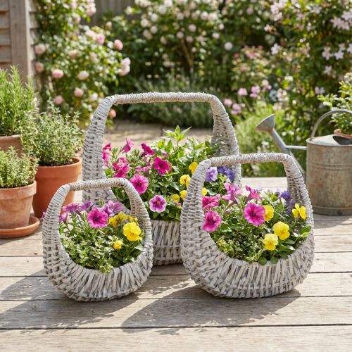 Wicker basket with handle, grey washed, H43/34/27cm, set of 3 | Floristik24.ie