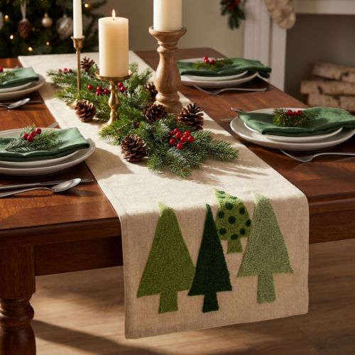 Table runner Christmas fir trees green 140x41,5cm | Floristik24.ie