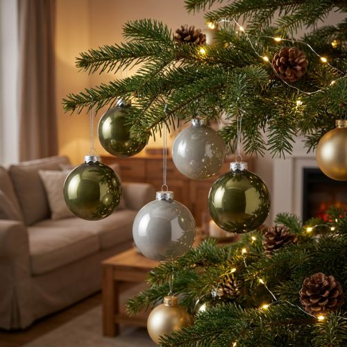 Christmas balls glass balls olive silver grey Ø7.5cm 12 pcs | Floristik24.ie