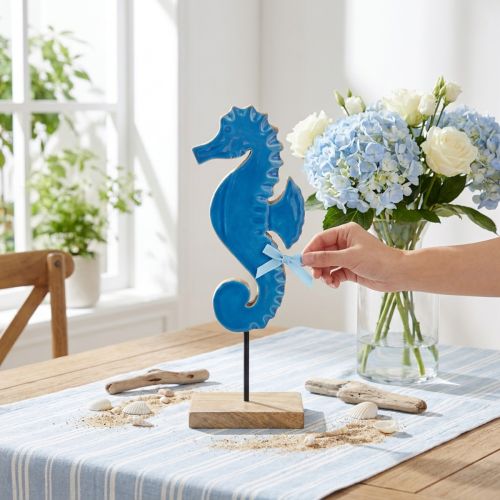 Decorative seahorse wooden table decoration natural blue H28cm | Floristik24.ie