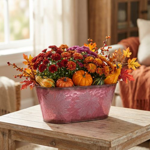 Bowl with leaf decoration, planter, autumn decoration, metal pot wine red L38cm H15cm | Floristik24.ie