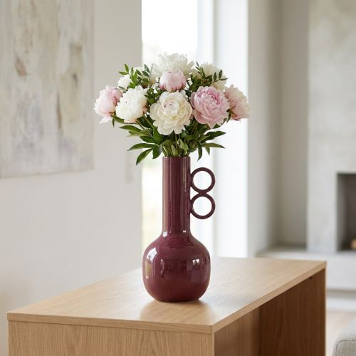 Modern, artistic vase with a long neck and round handles for stylish interiors, 24cm | Floristik24.ie