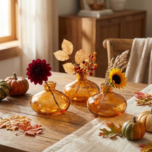 Mini glass vases, bulbous, flat, in orange, Ø9cm, 6 pieces | Floristik24.ie