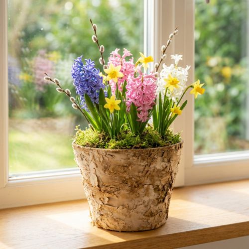 Round planter, natural decoration, bark, birch pot, Ø12cm H10cm, 5 pieces | Floristik24.ie