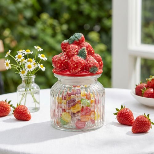 Bonboniere Glass with Lid Strawberries Cookie Jar Ø11cm H18cm | Floristik24.ie