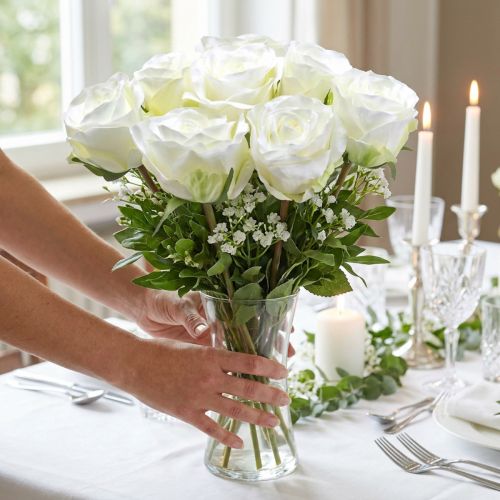 Decorative rose silk flowers in bunch cream 36cm 8 pcs | Floristik24.ie
