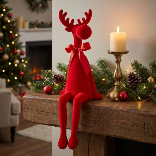 Decorative elk figurine with bow, sitting, flocked shelf sitter, 54cm | Floristik24.ie