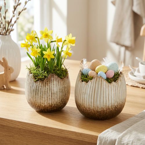 Flowerpot Ceramic Egg Broken Cream Brown Ø11.5cm 2 pcs | Floristik24.ie