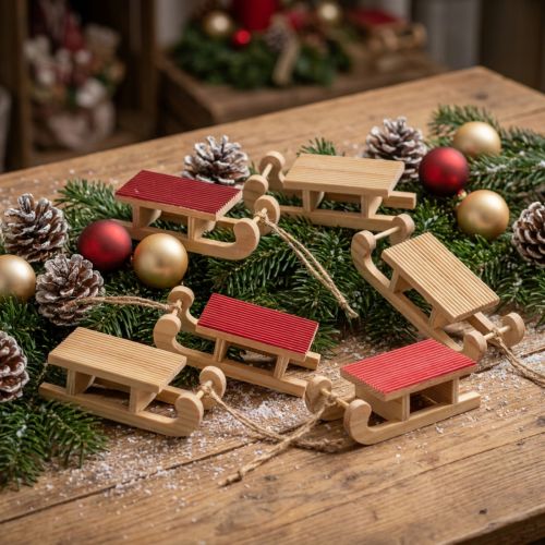 Wooden sleigh miniature, red-natural, 4x8.5 cm, set of 6 - Christmas decoration | Floristik24.ie