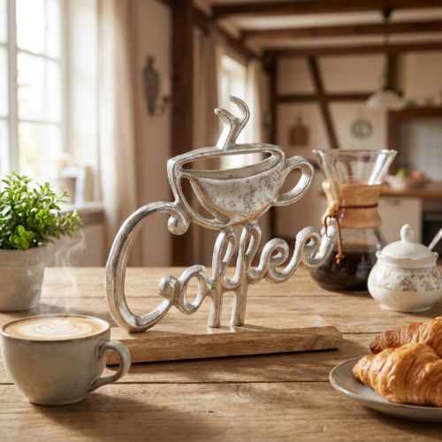 Metal decoration coffee silver wooden base natural 17.5x5x18cm | Floristik24.ie