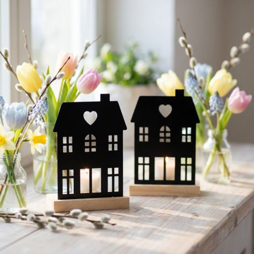 Lantern House Metal Black with Wooden Base H15cm 2pcs | Floristik24.ie