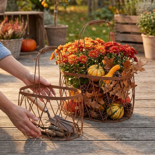 Oval wire basket with handle, garden decoration, rust finish, 30/25cm, set of 2 | Floristik24.ie