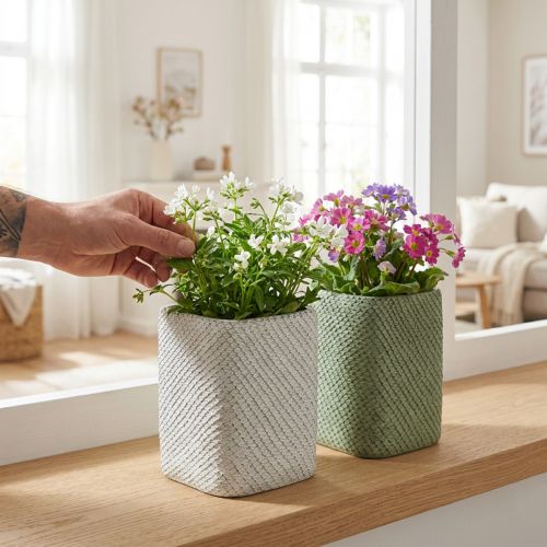 Planter ceramic white green relief mesh 12x12cm H17.5cm 2pcs | Floristik24.ie
