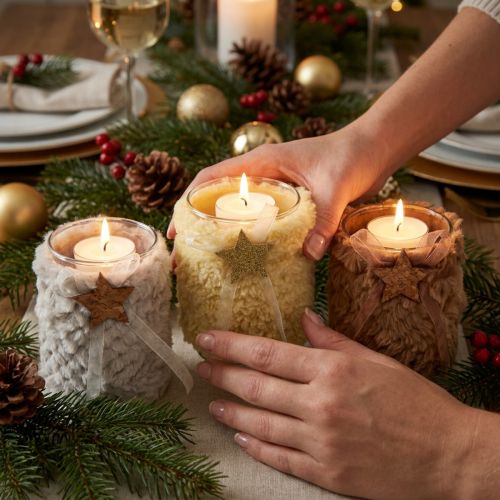Christmas decoration lantern glass faux fur H12cm Ø9.5cm 3pcs | Floristik24.ie