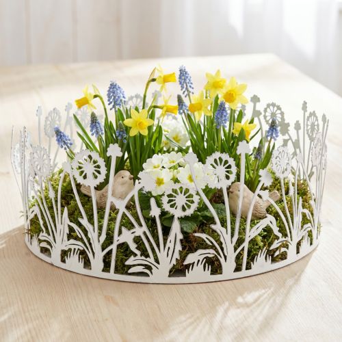 Decorative tray with dandelions, metal decoration for spring white, silver shabby chic Ø25cm H10.5cm | Floristik24.ie