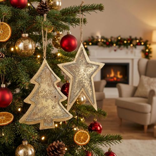 Metal pendants fir and star, Christmas tree decorations, Christmas decoration golden, antique look H15.5 / 17cm 4pcs | Floristik24.ie