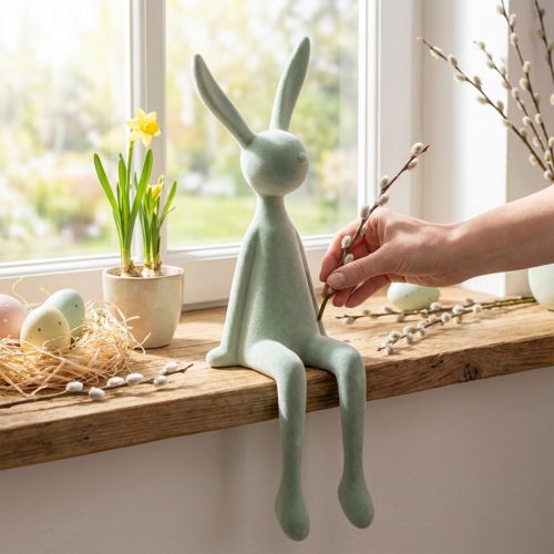 Easter bunny shelf sitter, sitting rabbit, flocked, grey-green, 56cm | Floristik24.ie