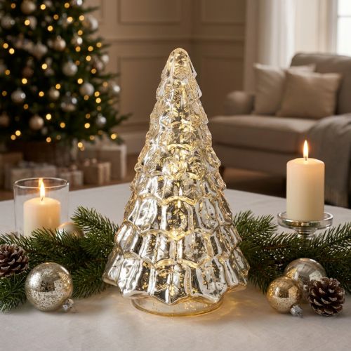 Mini Christmas tree with LED lights, silver and gold, 28cm | Floristik24.ie
