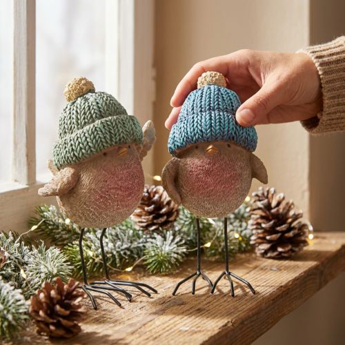Decoration Bird with Hat Winter Decoration Blue Green H18cm 2 Pcs | Floristik24.ie