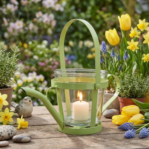 Lantern glass decorative watering can metal green Ø14cm H13cm | Floristik24.ie