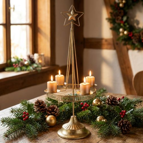 Candlestick Pillar Candle Star Gold Ø23cm H49.5cm | Floristik24.ie