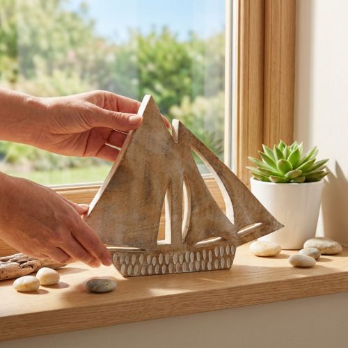 Wooden sailboat, maritime decoration, wooden boat natural color, white H23cm | Floristik24.ie