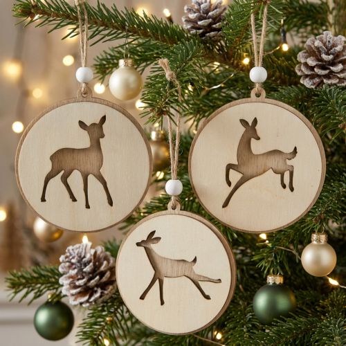 Pendant with deer, decoration medallion, wood decoration, Advent Ø9.5cm 6pcs | Floristik24.ie