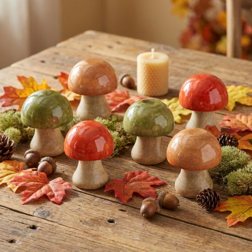 Product Wooden Mushrooms, Autumn Decoration, Mushrooms, Green, Red, Orange, H6.5cm, 9 Pieces