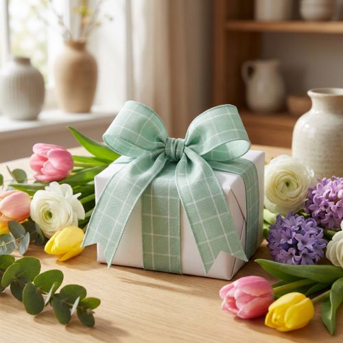 Green pastel checkered gift ribbon, decorative ribbon, 35mm wide, 20m long | Floristik24.ie