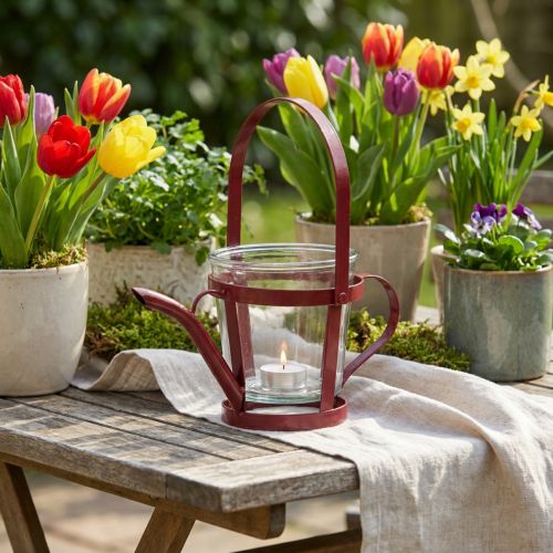 Lantern glass decoration watering can metal red Ø14cm H13cm | Floristik24.ie