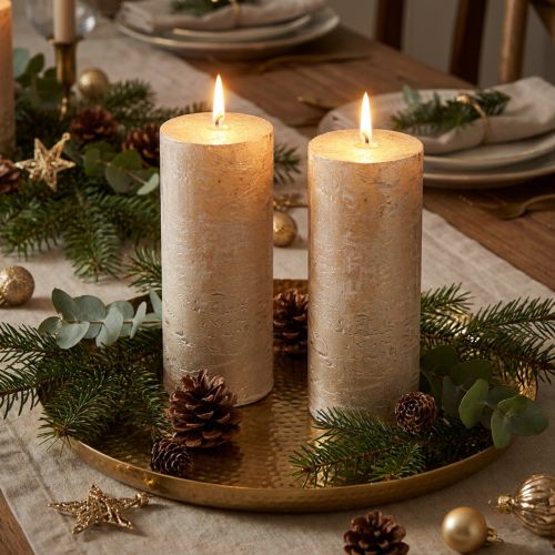 Pillar candles, set of 2, solid-colored light gold, 85×200mm - Long burning time, elegant table decoration | Floristik24.ie