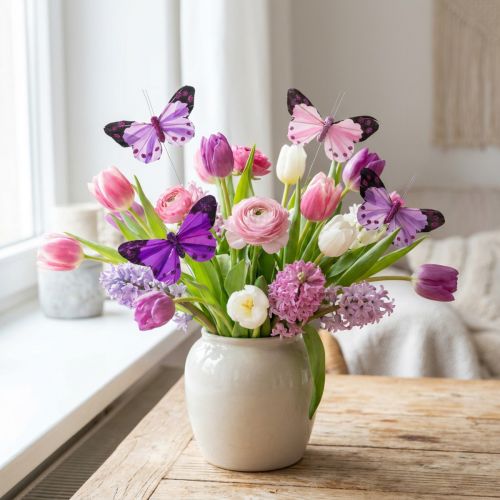 Deco butterfly on wire feather butterflies purple/pink 9.5cm 12pcs | Floristik24.ie