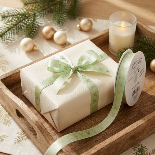 Product Decorative ribbon with gold bows on a roll, 15mm wide, 18m long