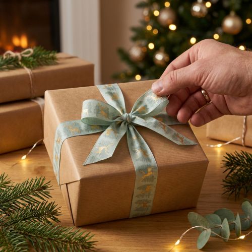 Product Gift ribbon with reindeer and Christmas trees, 40mm x 18m