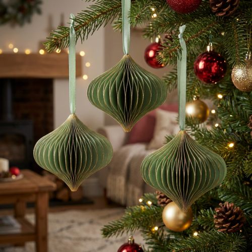 Vintage Christmas ornaments, green and gold paper, Ø8cm, set of 4 | Floristik24.ie