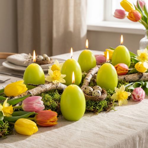 Easter candles, egg-shaped, egg-shaped Easter candles, lime green, 9cm, 20h, 6 pieces | Floristik24.ie